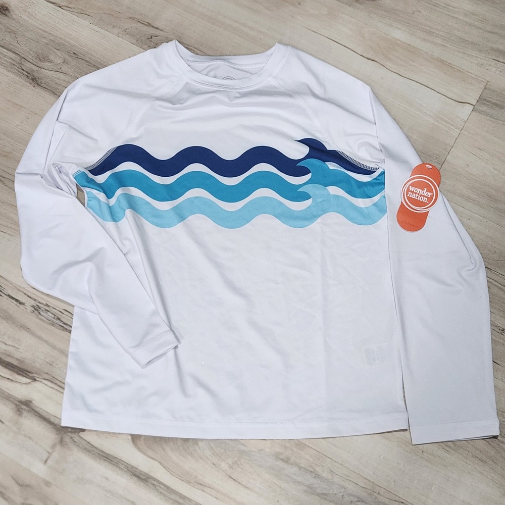 Wonder Nation White Blue Wave Long Sleeve Rash Guard Swim Shirt Size L 10-12